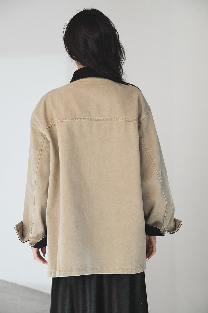 [SET]襟コーデュロイデザインデニム調カバーオール+レオパードサテンナロースカート(2set)