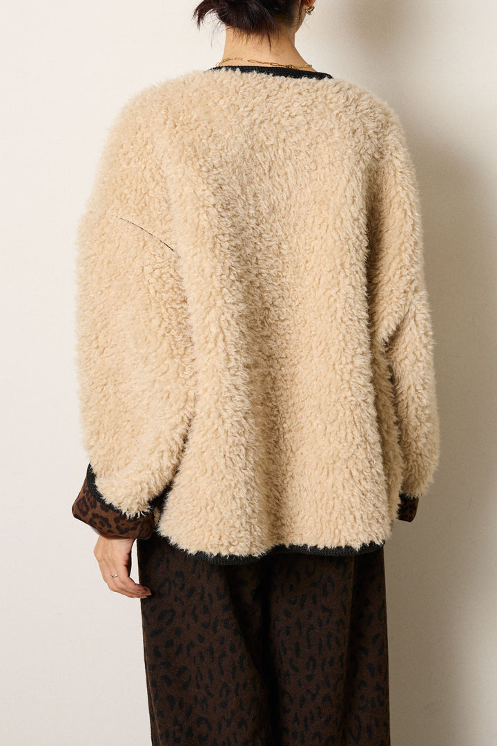 [SET]ノーカラー裏地レオパードボアアウター+レオパードジャガードニットパンツ(2set)