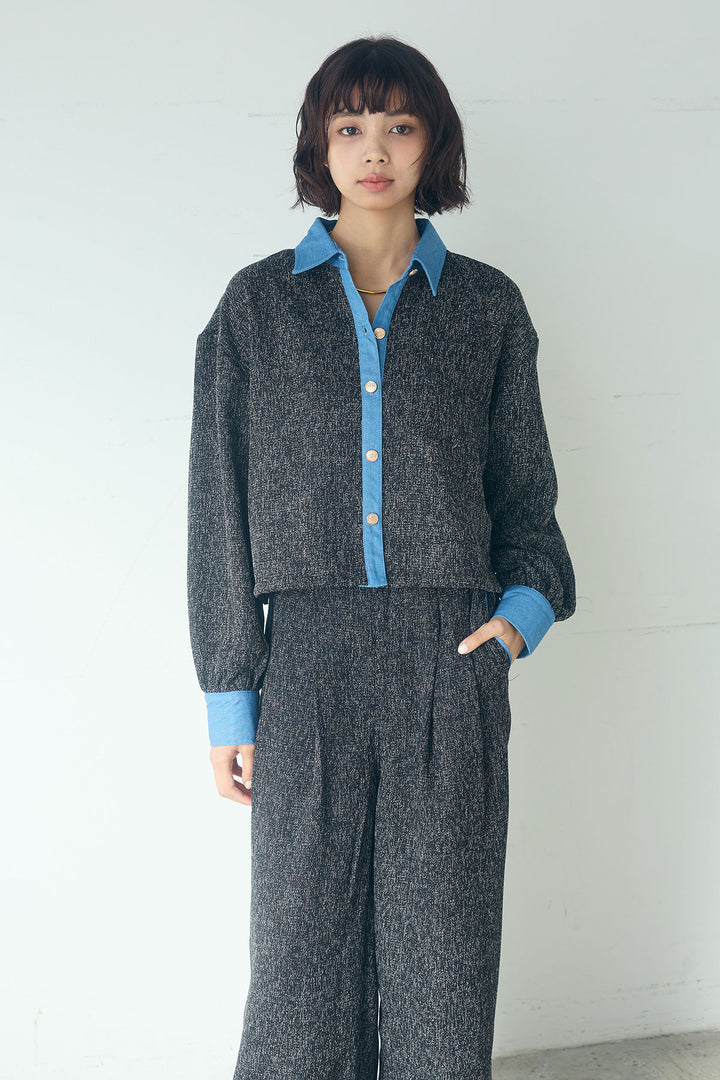 [SET]ツイード×デニムショート丈シャツ+ツイード×デニムハイウエストラインロングパンツ(2set)