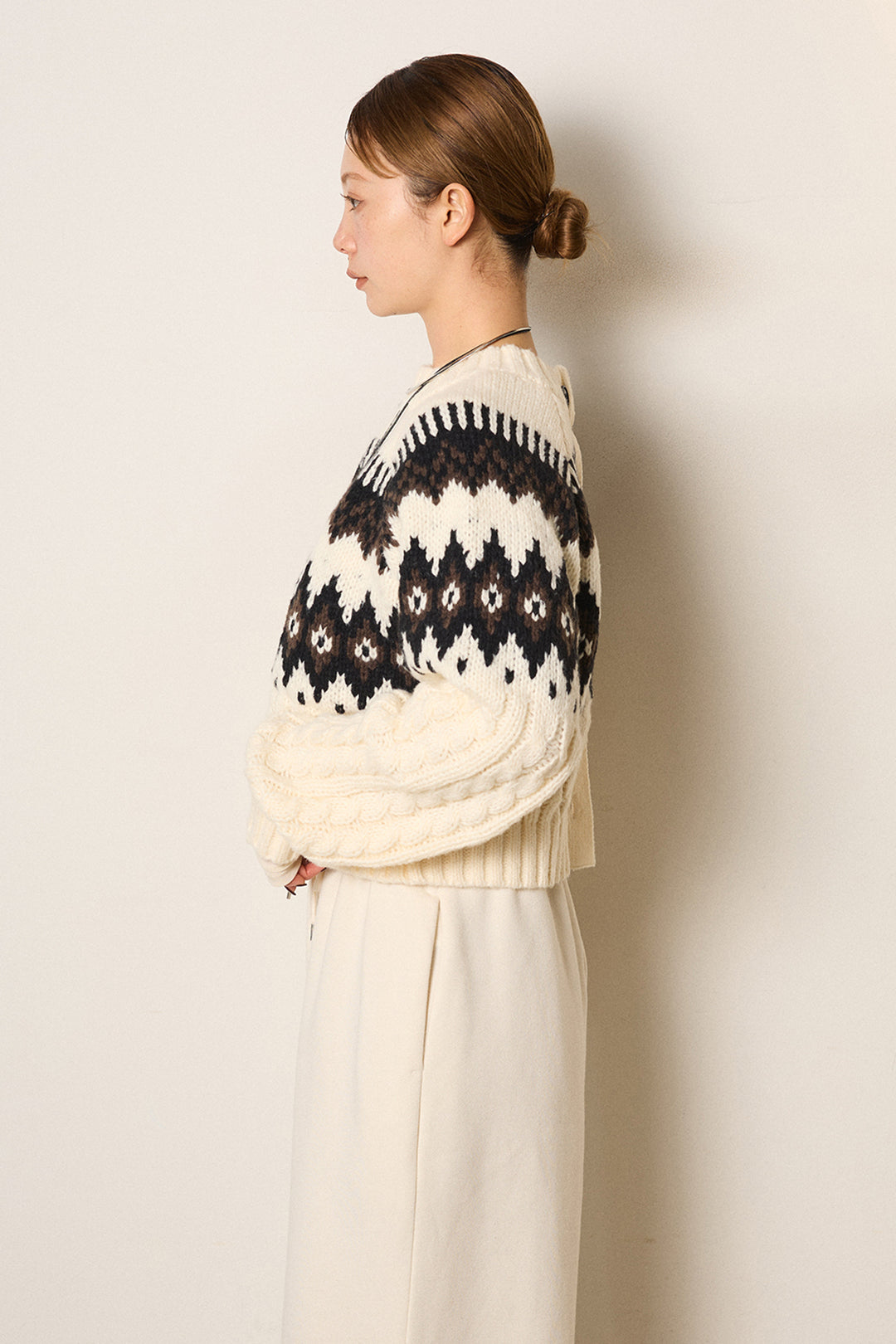 [SET]2WAY求心柄ジャガードショートカーディガン+裏起毛スウェットワイドパンツ(2set)