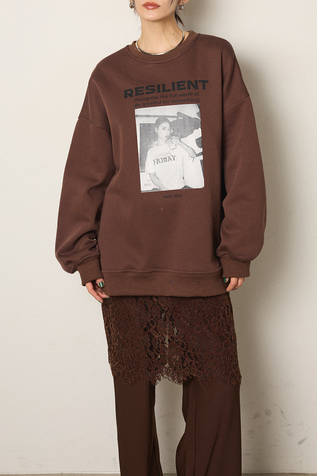 [SET]モノトーンプリントスウェット+レース刺繍レイヤードフレアパンツ(2set)