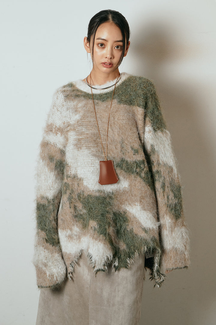 起毛裾デザインニュアンス柄ニットトップス