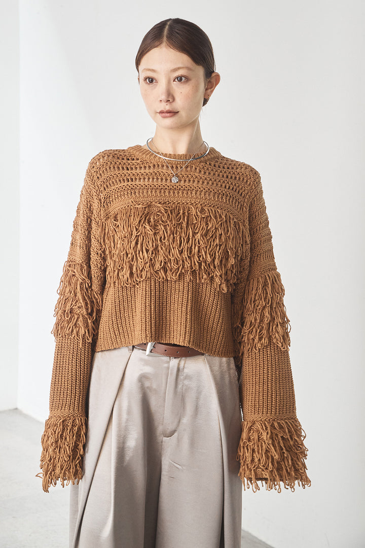 [SET]メッシュフリンジ切り替えプルオーバー+合繊ツイルスタンドウエスト巻きジョガーパンツ(2set)