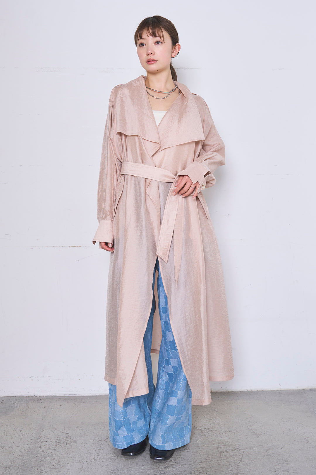 [SET]ロングシアーアウター+パッチワーク風デニムワイドパンツ(2set)