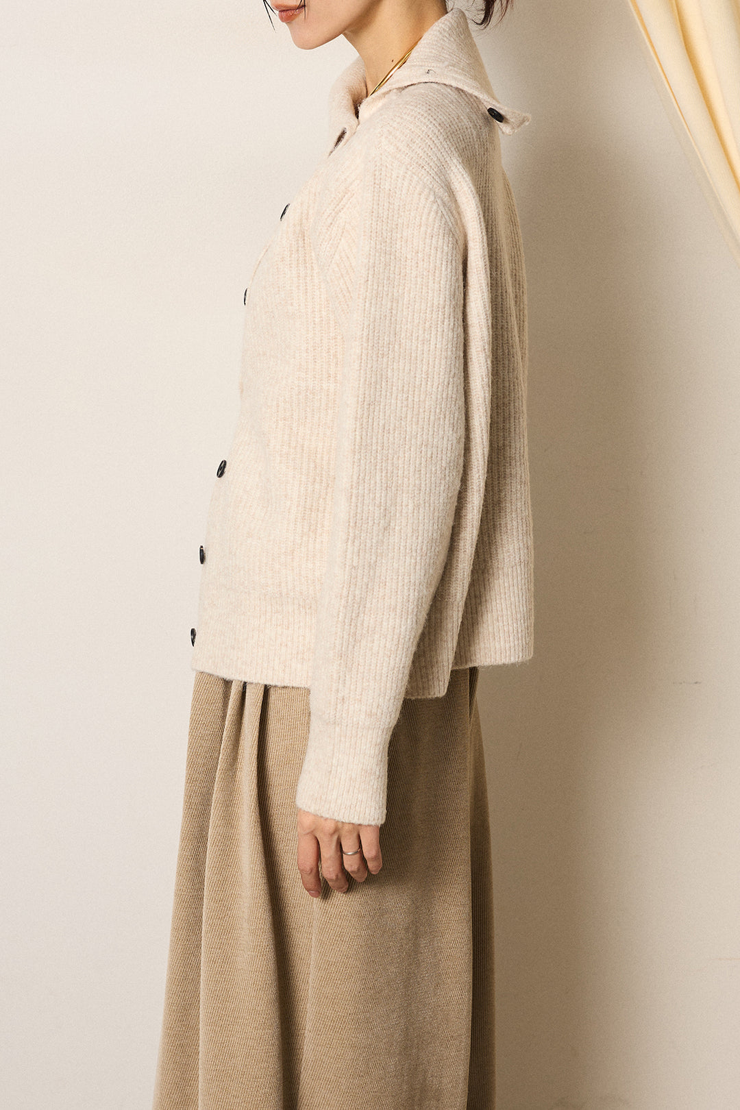 [SET]ボタンデザインネックニットプルオーバー+起毛タック入りツイードワイドパンツ(2set)