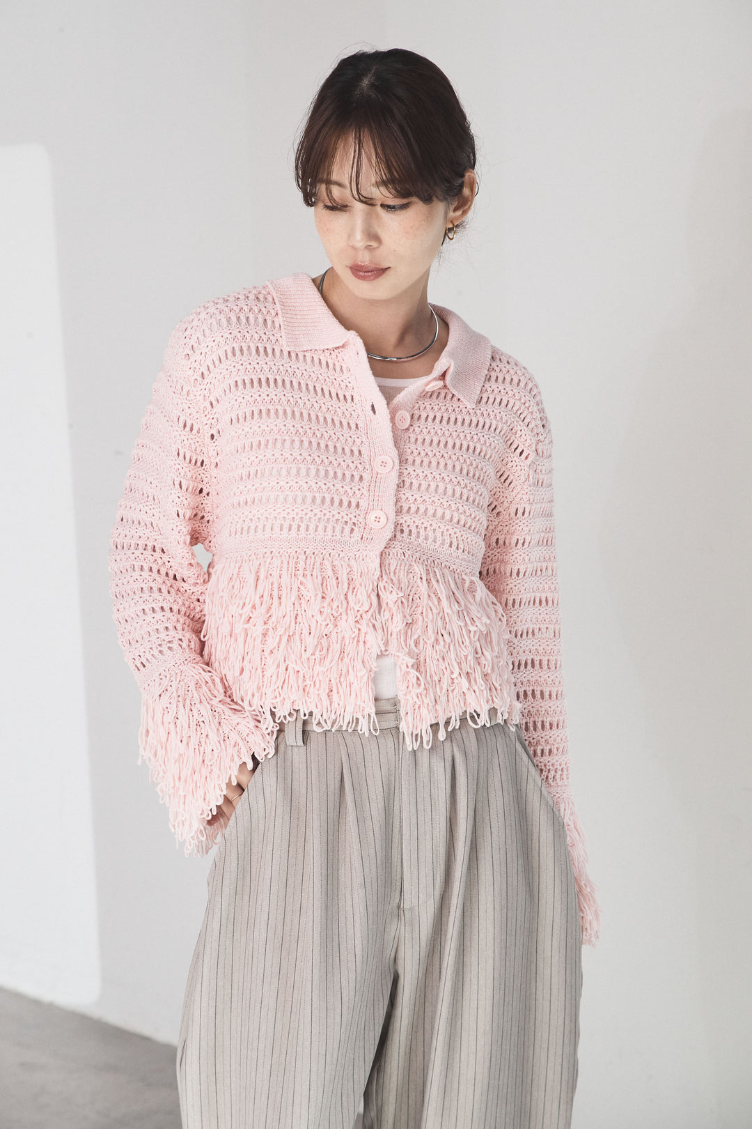 [SET]メッシュフリンジカーディガン+ウールタッチカーブワイドパンツ(2set)