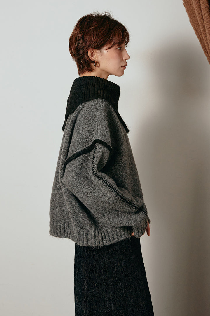 [SET]ハイネックジップデザインニットトップス+ベルト付きネップツイードカーブパンツ(2set)