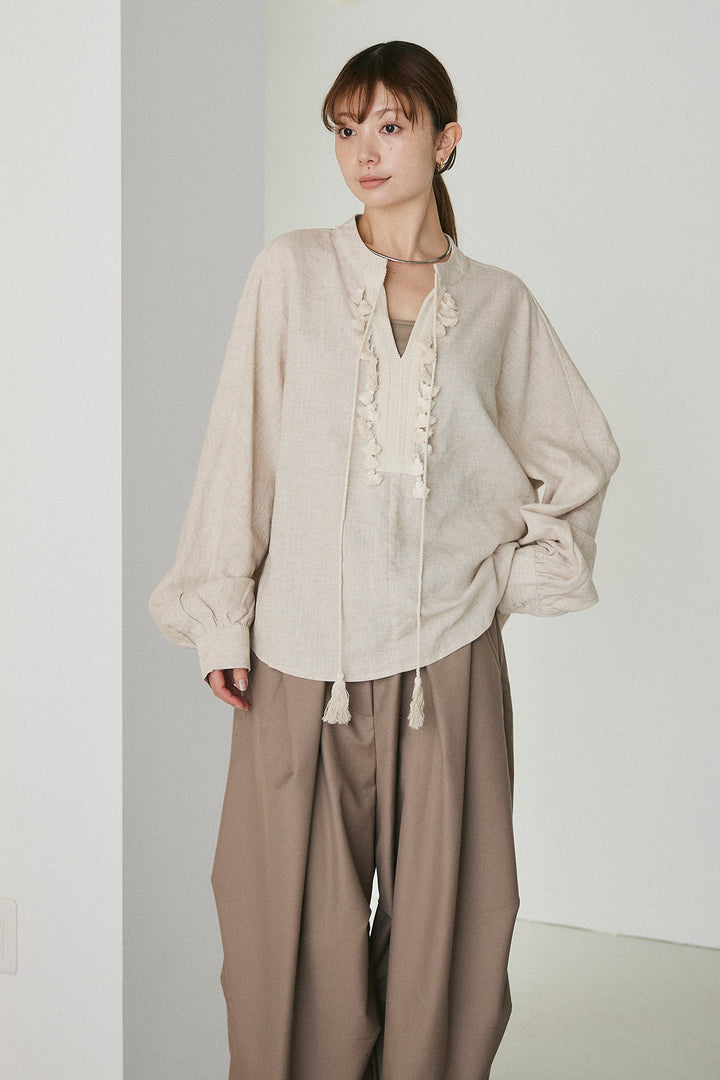 [SET]フロントタッセル付きブラウス+ベルトループワイドパンツ(2set)