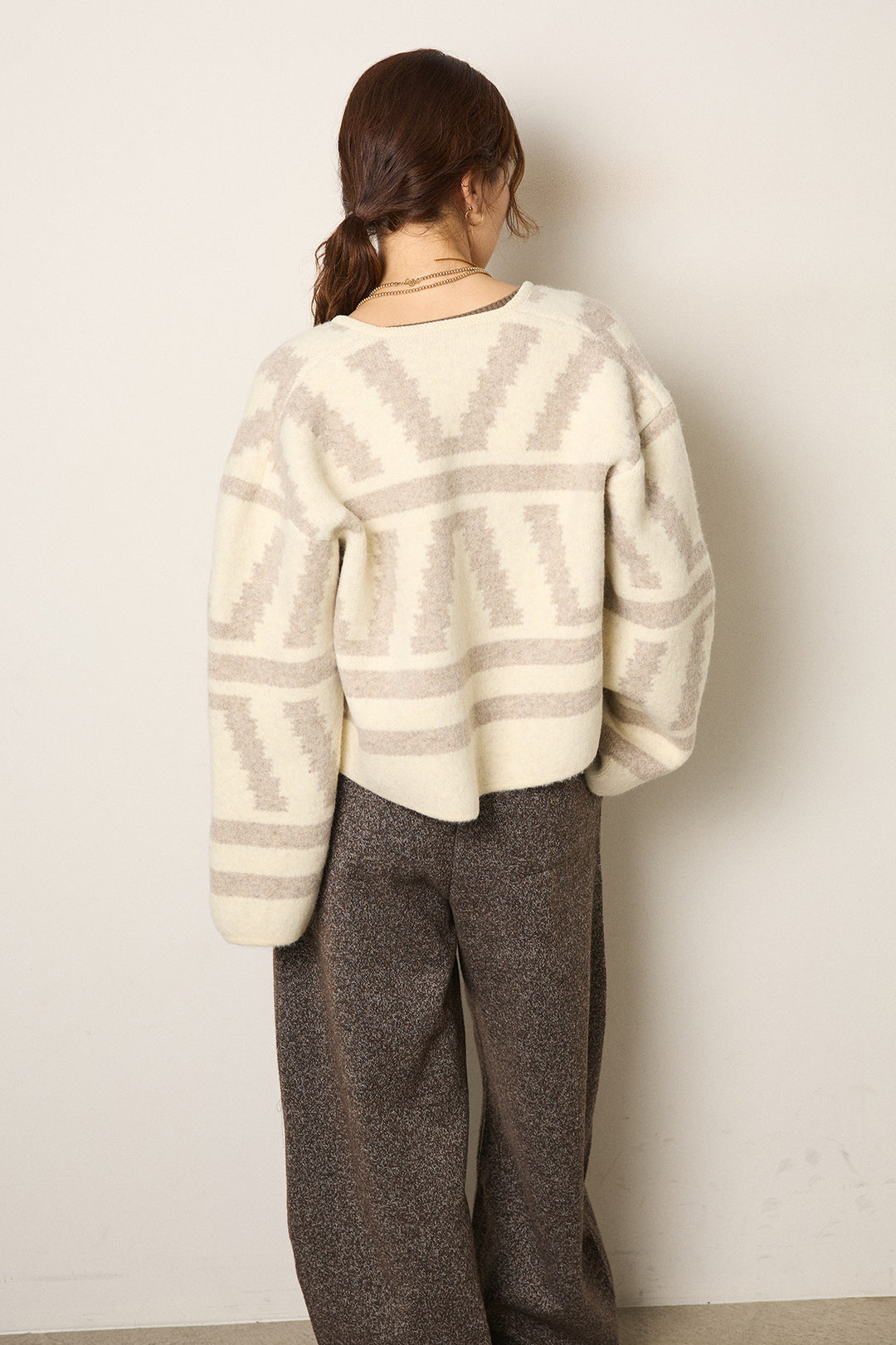 [SET]幾何学柄ノーカラーカーディガン+杢ニットフレアパンツ(2set)