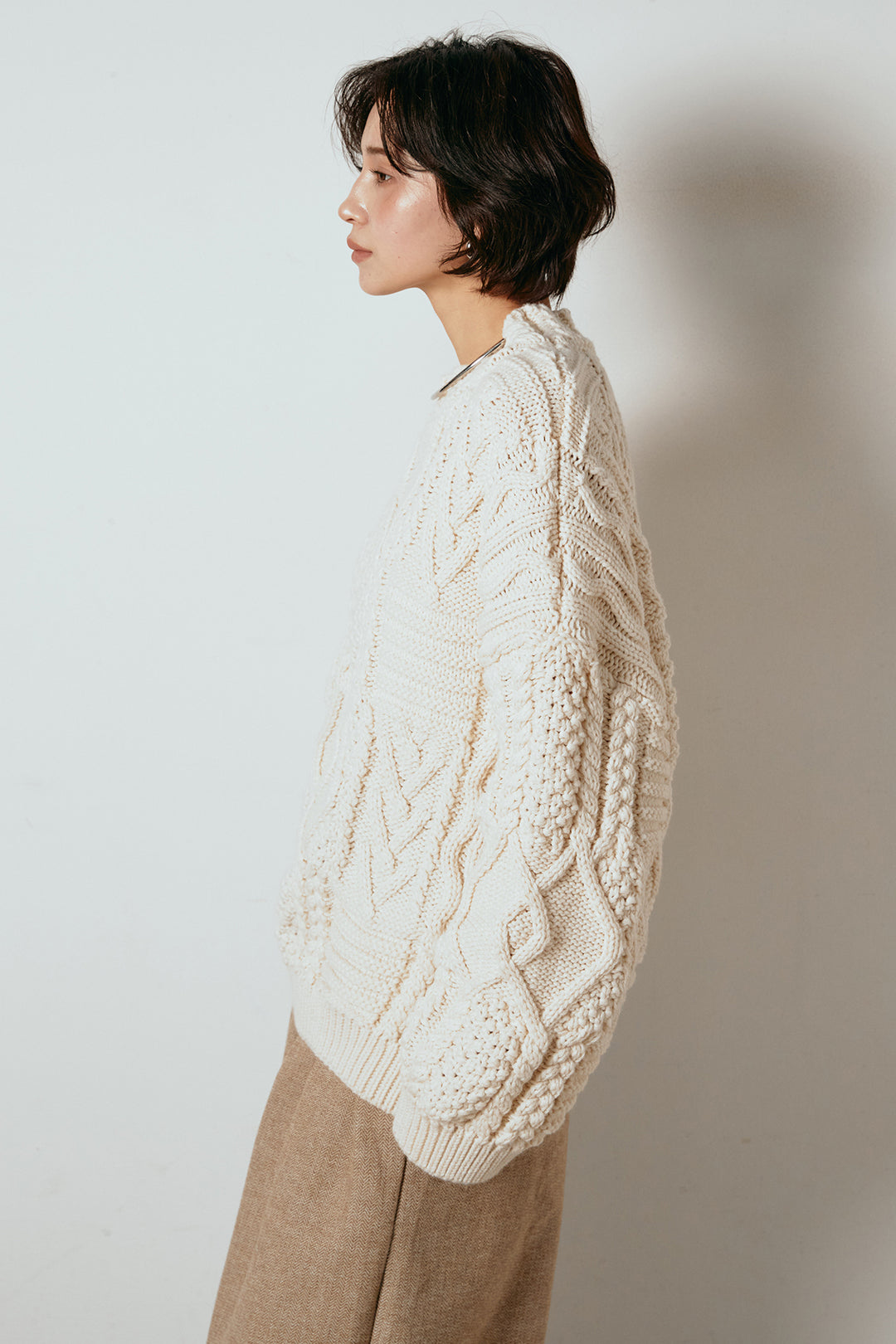 [SET]アラン柄ミックスケーブルニット+サイドボタンツイードタックパンツ(2set)