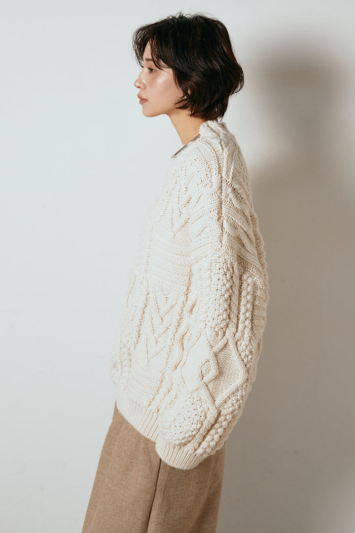 [SET]アラン柄ミックスケーブルニット+サイドボタンツイードタックパンツ(2set)