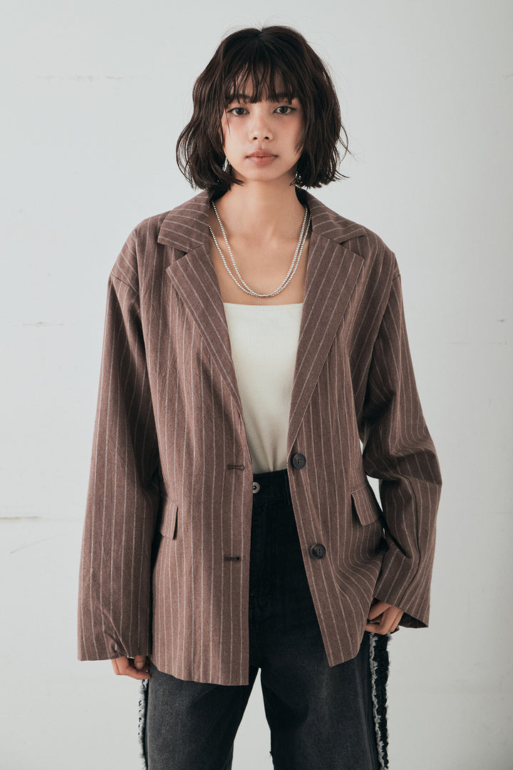 [SET]リネンライクストライプテーラードジャケット+リネンライクストライプタックイージーパンツ+サテンレースアシメキャミ(3set)