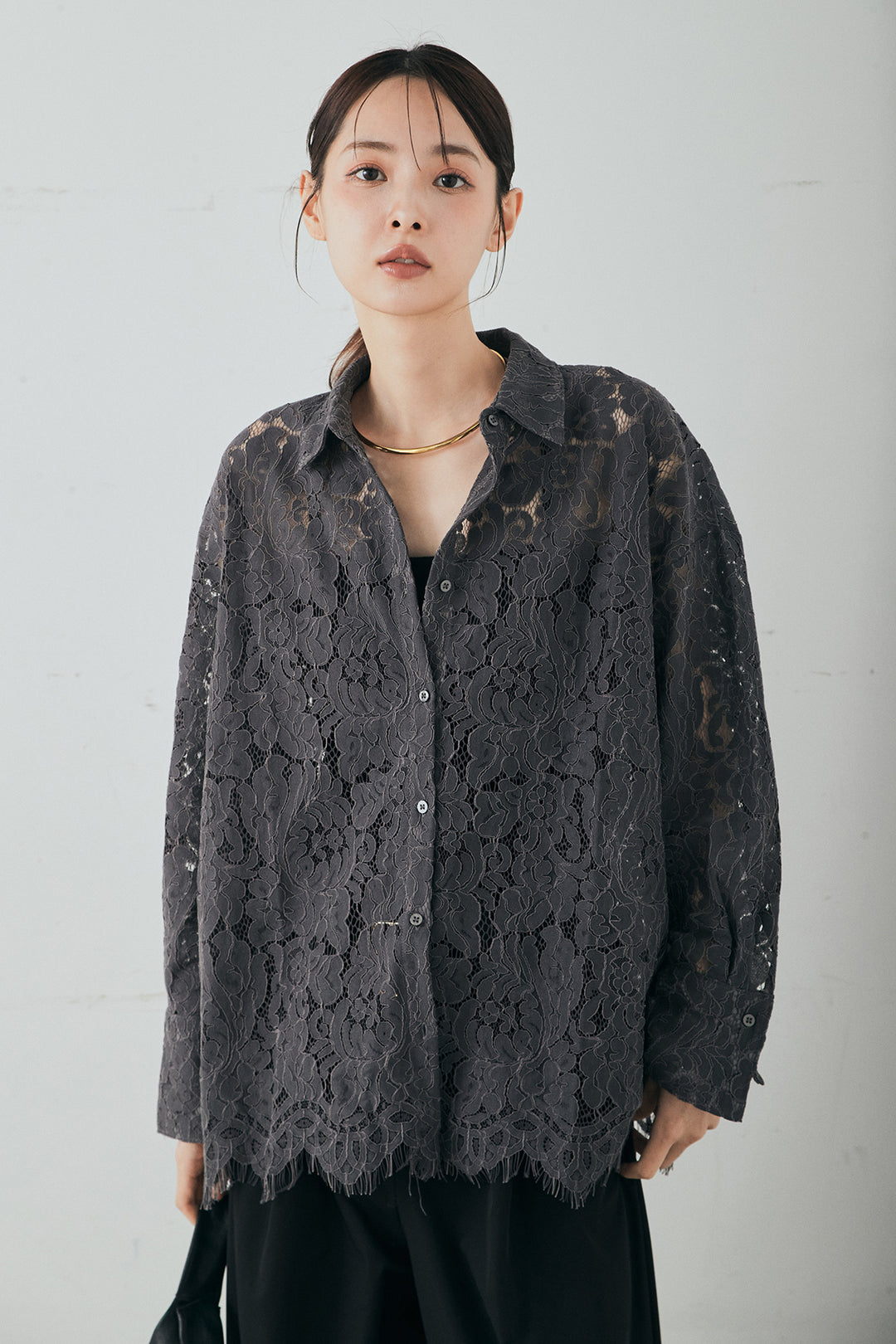 [SET]レース裾スカラップシャツ+ベルトループデザインハイウエストタックパンツ(2set)