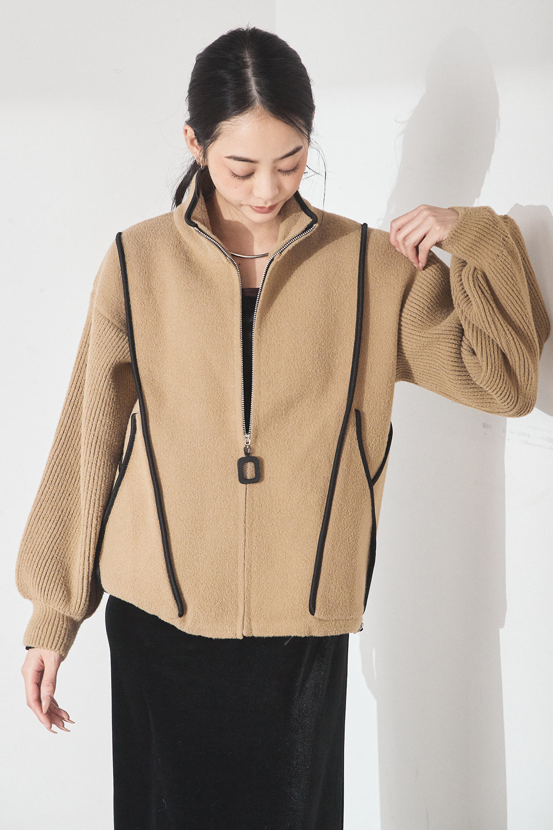 [SET]ハイネックパイピングデザインブルゾン+ベロアバレエネックワンピース(2set)