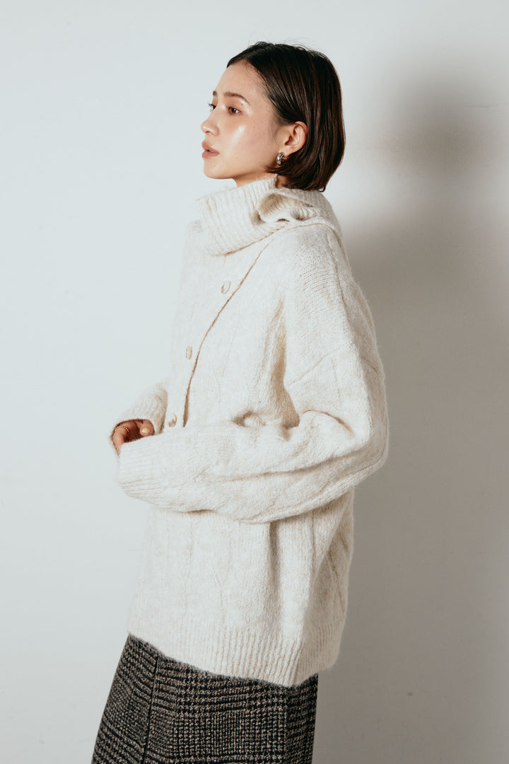 [SET]ケープデザインケーブルニットトップス+ベルト付きニュアンス柄カーブワイドパンツ(2set)