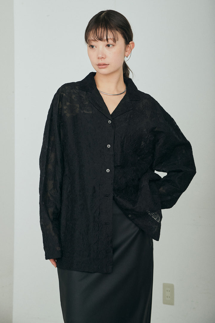 [SET]刺繍シアーオープンカラーシャツ+リネン混かすれ柄ワイドパンツ(2set)