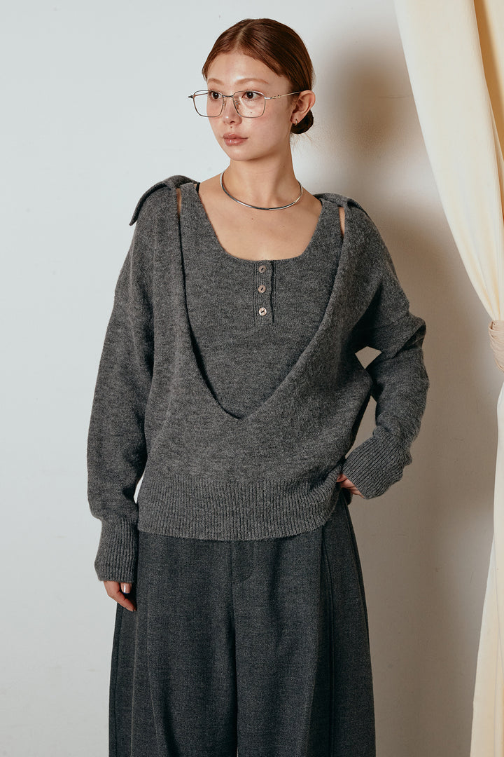 [SET]襟付きレイヤードニットトップス+細ストライプレイヤードデザインパンツ(2set)