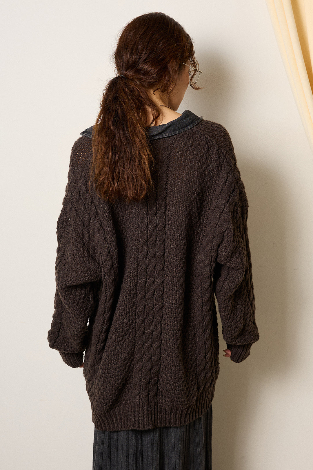 [SET]デニムカラーケーブルオーバーニット+ワイドリブニットイージーパンツ(2set)