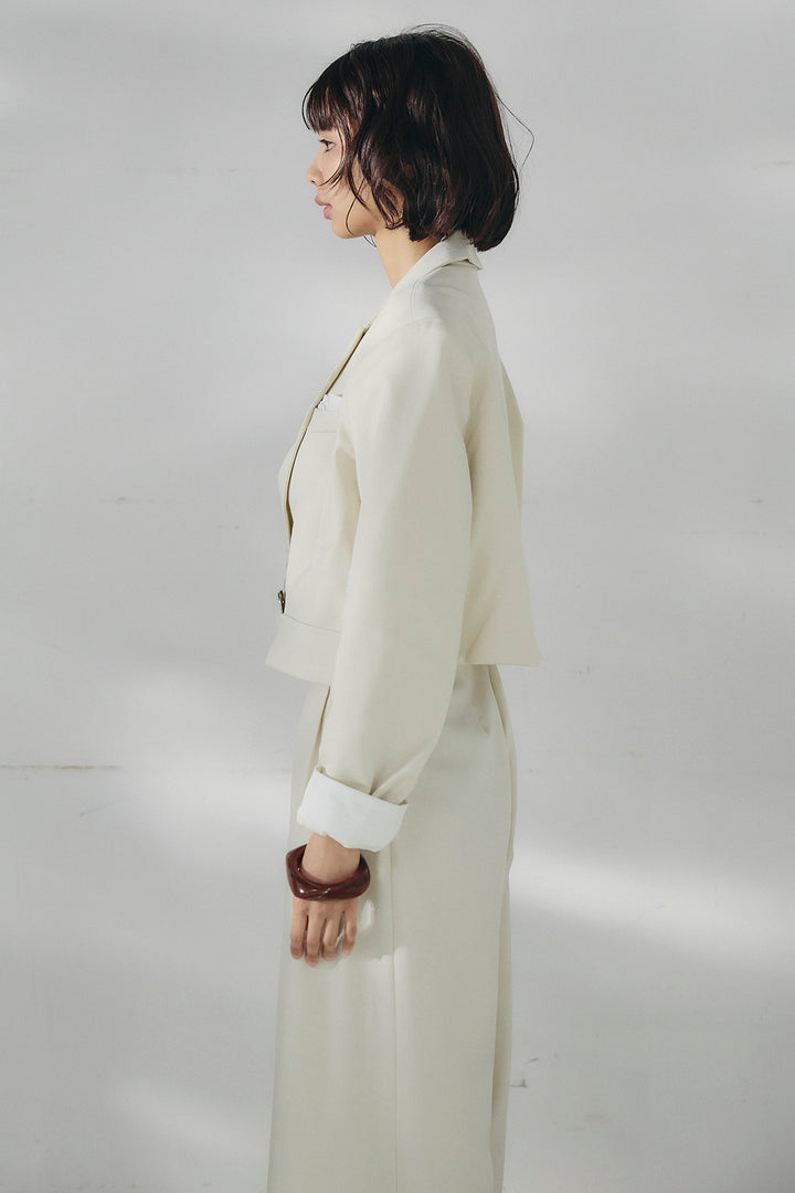 [SET]メタルプレートショート丈ジャケット+メタルプレートタックワイドパンツ(2set)