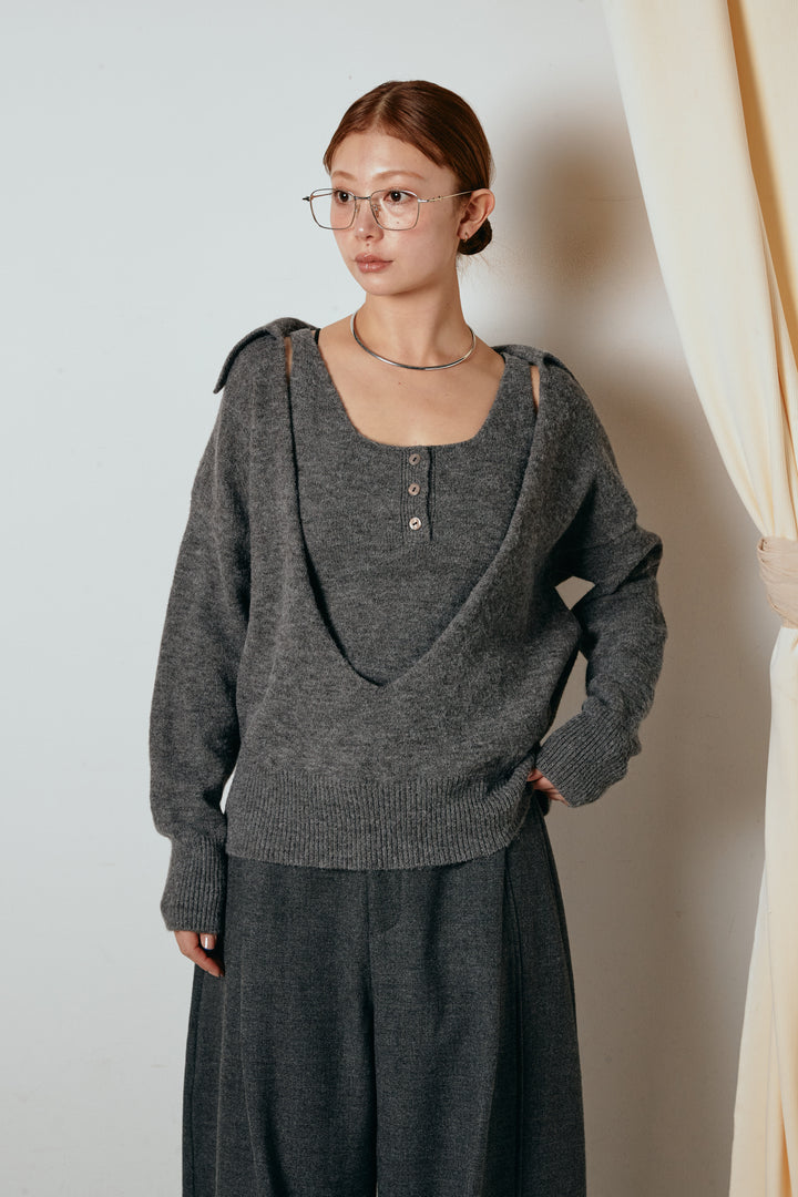 [SET]襟付きレイヤードニットトップス+ポーチベルト付きカーブパンツ(2set)