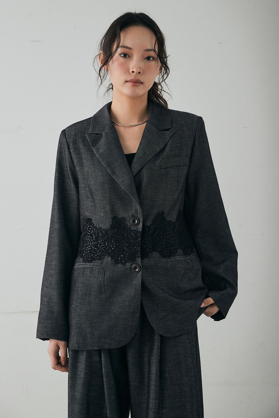 [SET]リネンタッチレースデザインジャケット+裾レースデザインデニムスカート(2set)