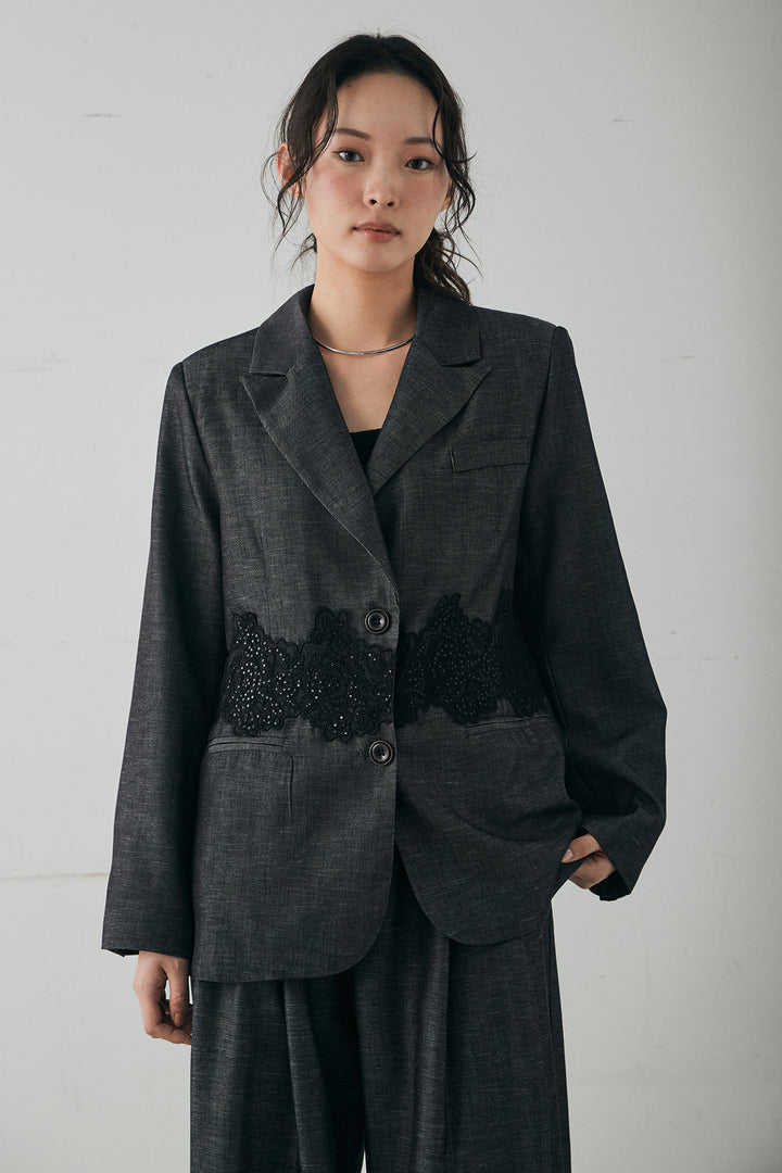 [SET]リネンタッチレースデザインジャケット+裾レースデザインデニムスカート(2set)