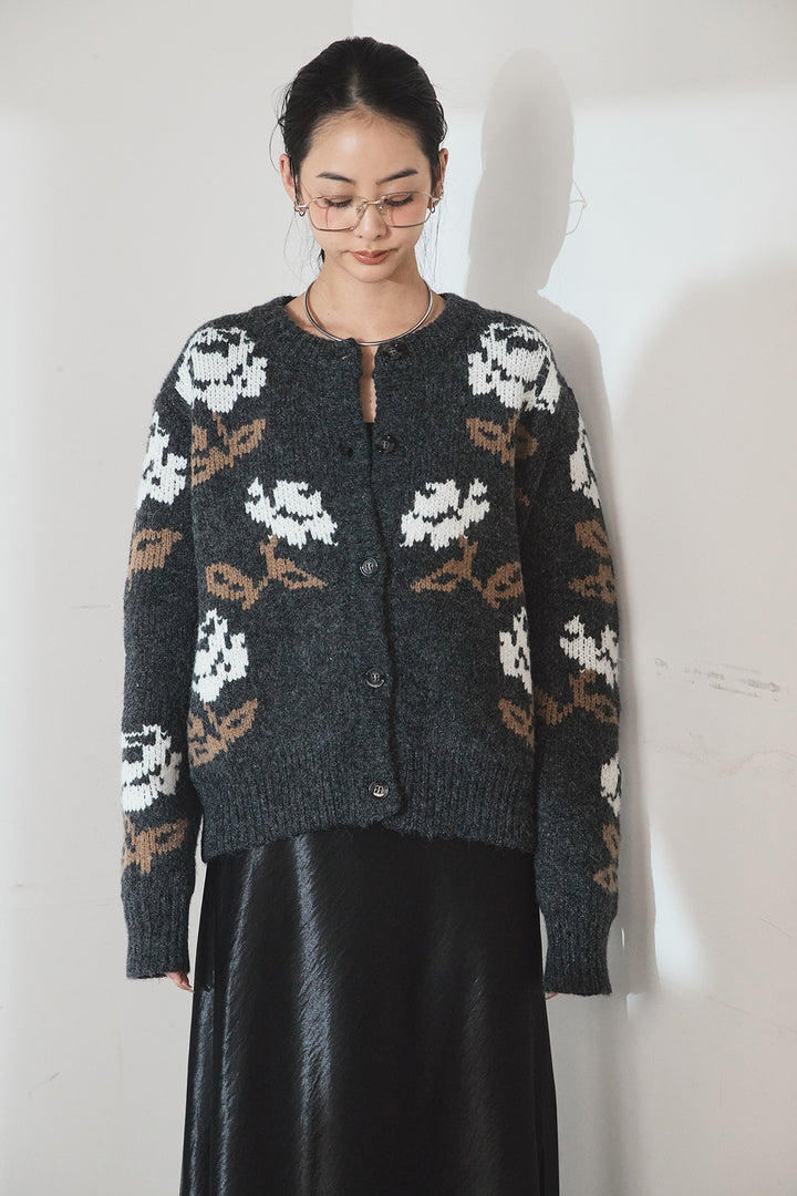 [SET]花柄ジャガードニットカーディガン+ウールタッチカーブワイドパンツ(2set)