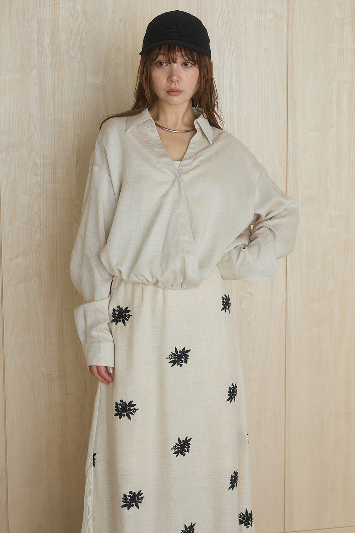 [SET]麻混襟付きトップス+レースコンビフラワー刺繍柄スカート(2set)