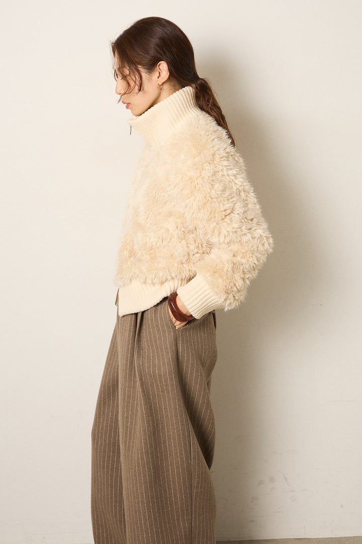 [SET]ハイネックボアブルゾン+フェイクレザー太ベルト付きタックワイドパンツ(2set)