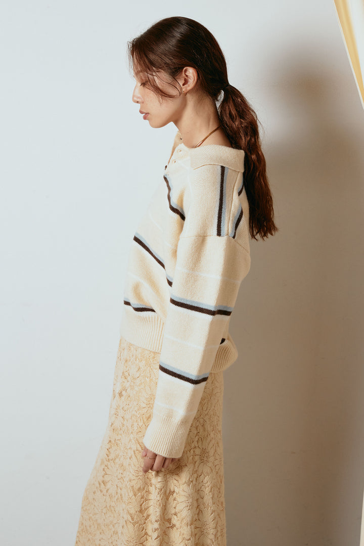 [SET]襟付きマルチボーダーニットポロトップス+ウエストステッチデザインワイドスラックス(2set)