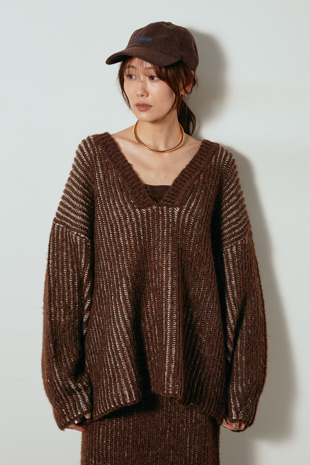 [SET]アルパカタッチ深Vニットトップス+タック入りコーデュロイワイドパンツ(2set)