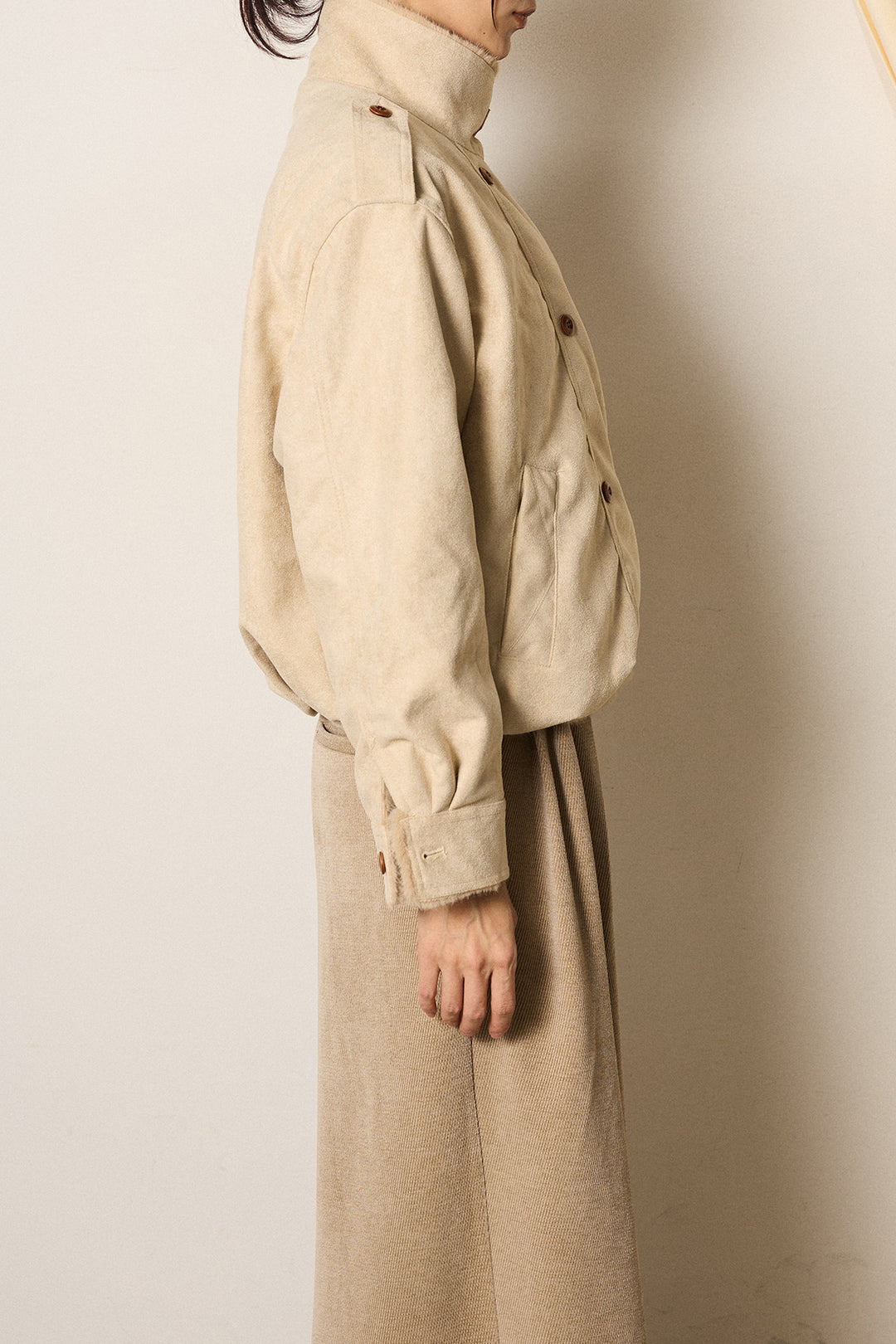 [SET]スタンド襟スウェードライクアウター+デニムロングフレアスカート(2set)