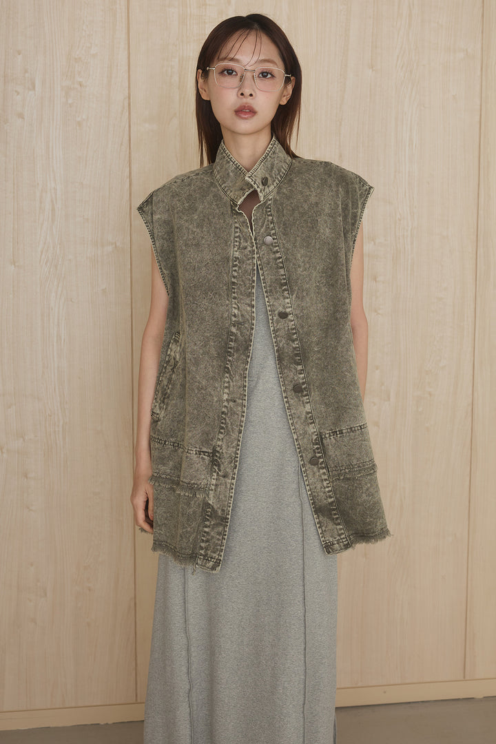 [SET]ケミカルデニムヘムカットオフジレ+イレギュラープリーツイージースカート(2set)