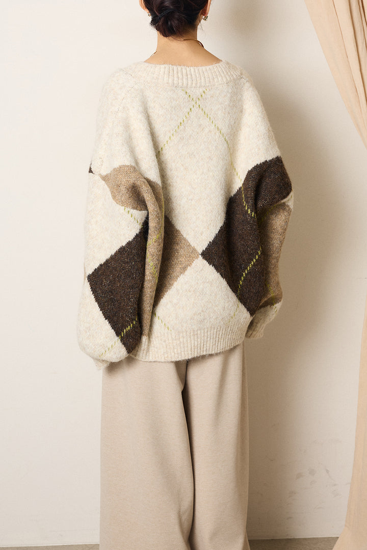 【着回しセット】[SET]ルーズアーガイルVネックニット+ルーズアーガイルVネックニット+編み地切り替えフレアニットスカート(3set)