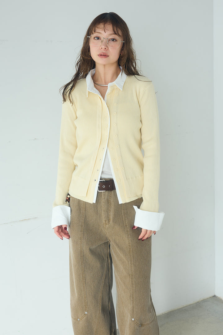 [SET]シャツドッキングボタンニットカーディガン+異素材切り替えスウェットパンツ(2set)