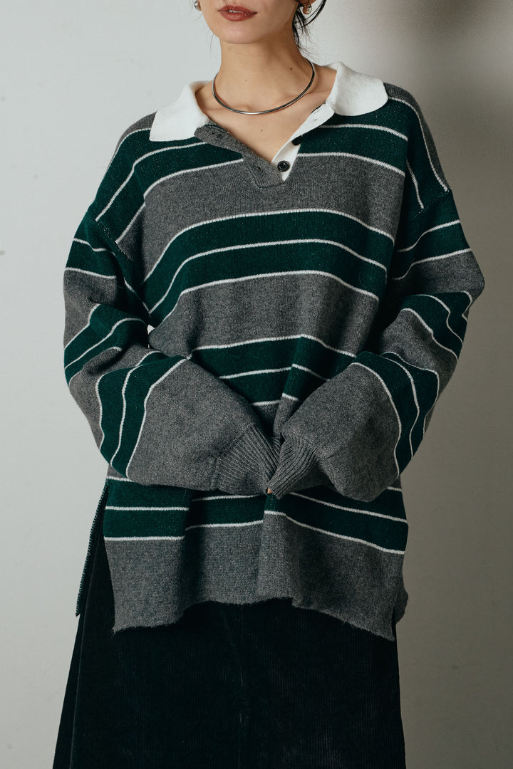 【即納】ラガーニットボーダーポロプルオーバー