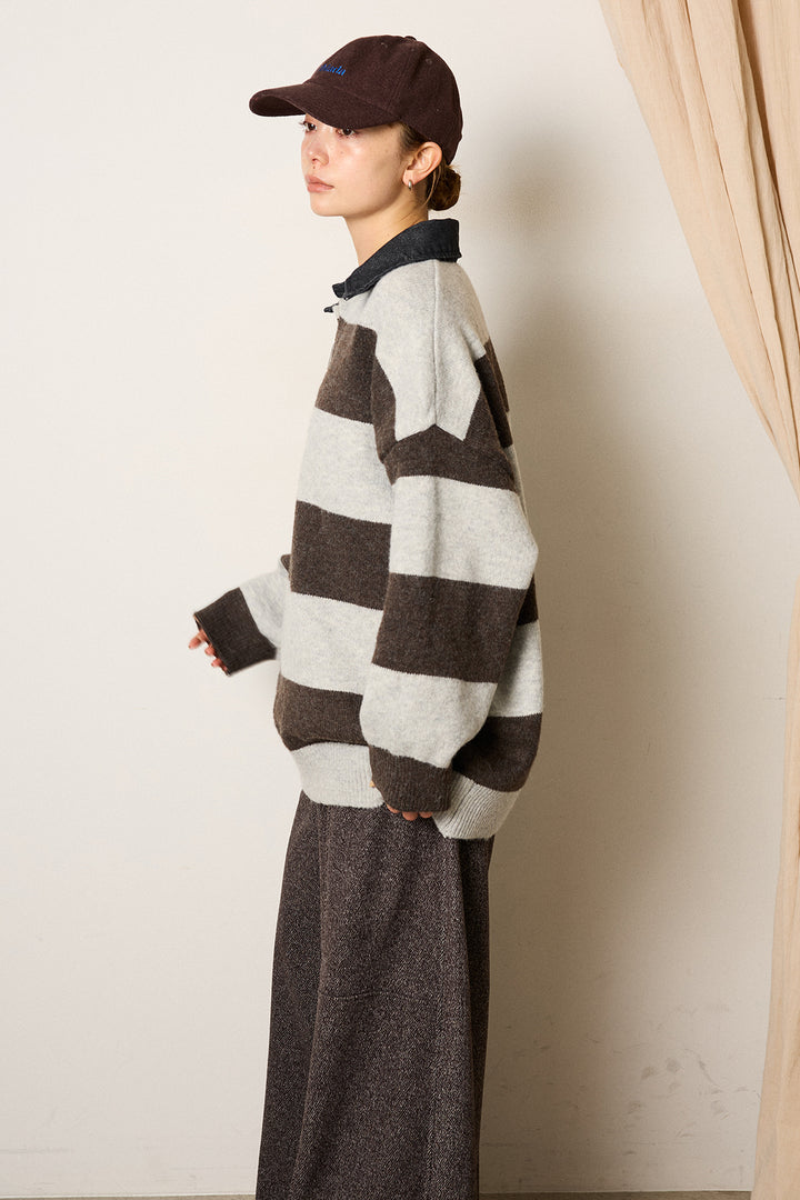 [SET]デニムカラーボーダールーズニット+太ベルト付きツイードワイドパンツ(2set)