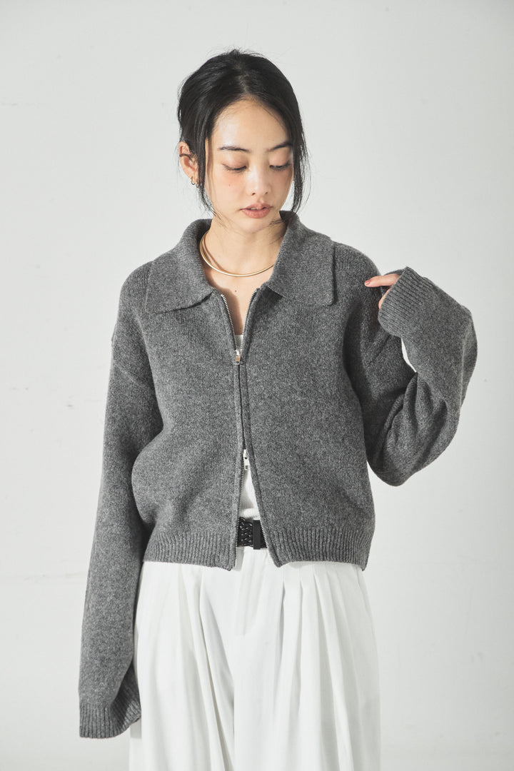 衿付きWジップニットカーディガン/ネイビー