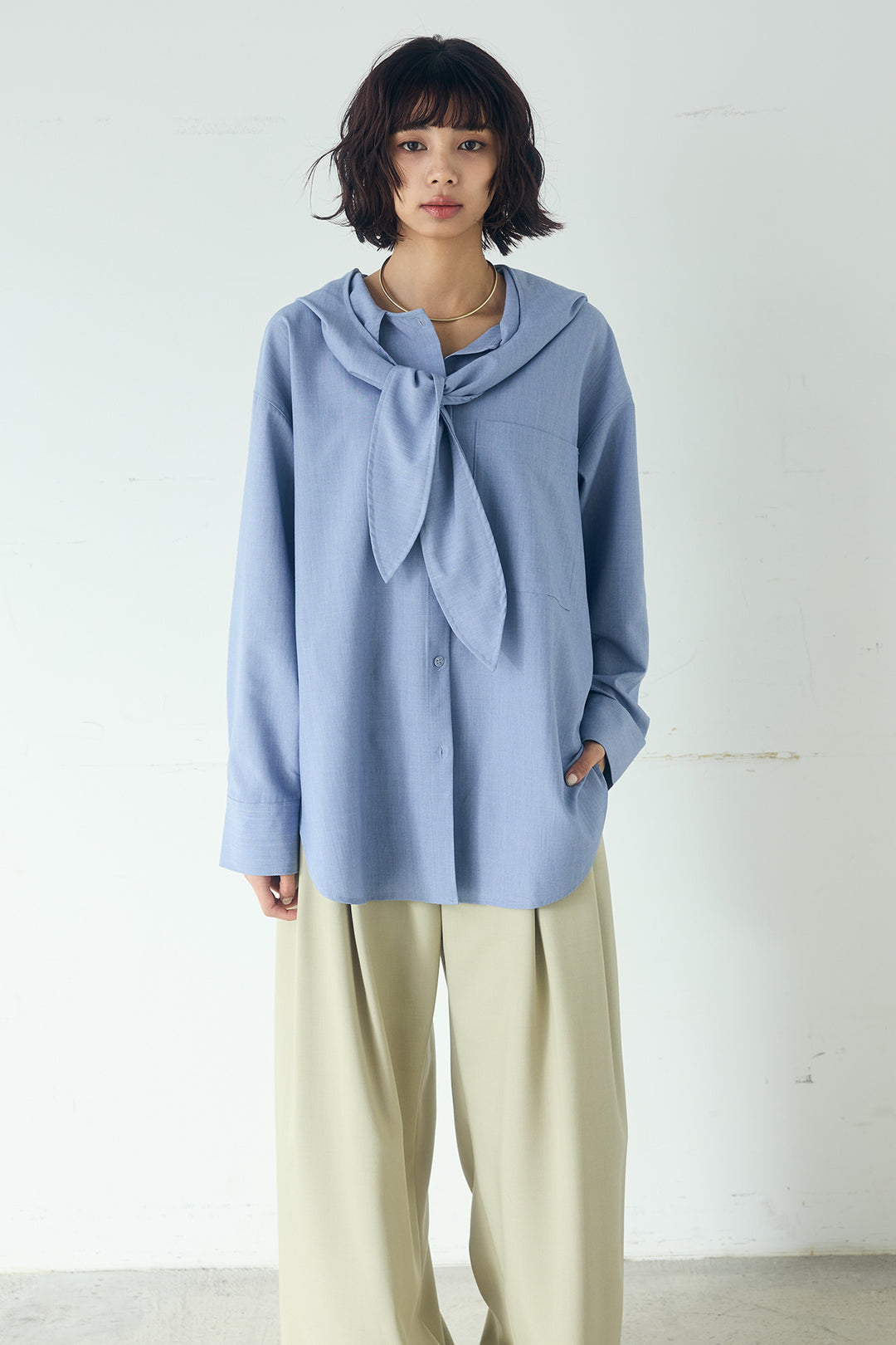 [SET]無地タイ付フーディーBIGシャツ+サイドベルトタック入りスラックス(2set)