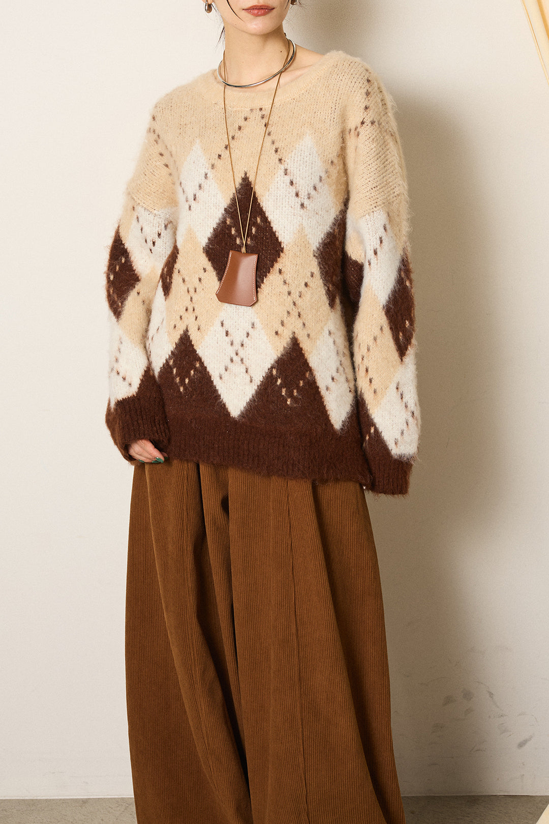 [SET]配色アーガイル柄ニットトップス+編みベルト付きワイドパンツ(2set)