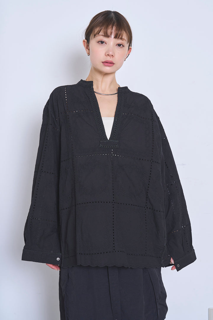 [SET]深V刺繍柄ブラウス+リネンブレンドロングナロースカート(2set)