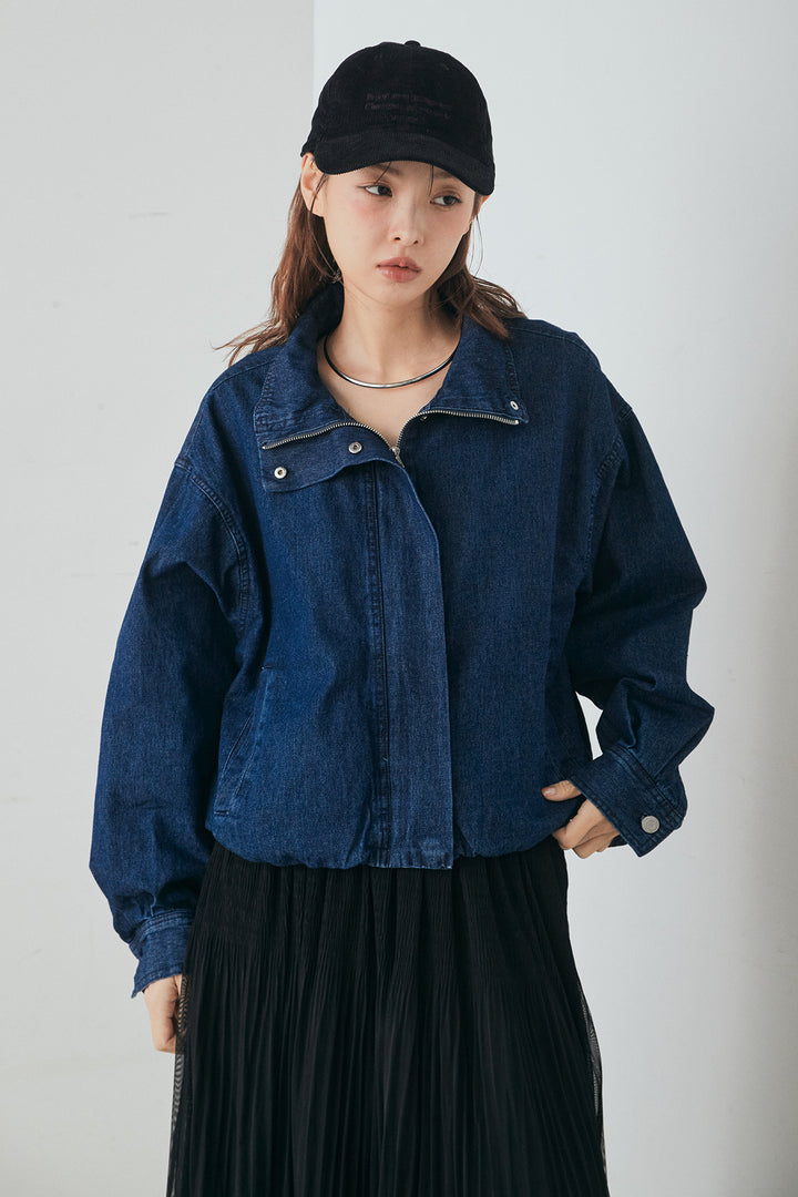 [SET]スタンドカラーデニムブルゾンジャケット+レースチェックワイドイージーパンツ(2set)