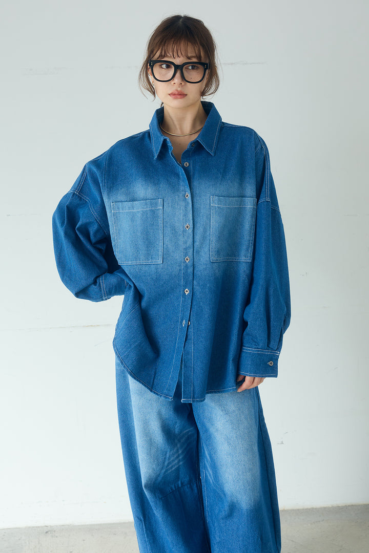 [SET]ヴィンテージ加工デニムオーバーシャツ+ヴィンテージ加工デニムワイドパンツ(2set)