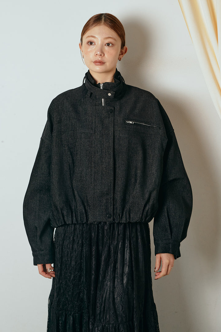 [SET]デニム調ハイネックブルゾン+フラワー刺繍ワイドスカート(2set)