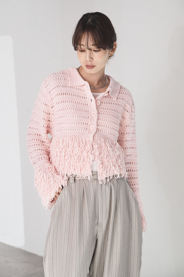 [SET]メッシュフリンジカーディガン+ヘリンボーンストライプツータックパンツ(2set)