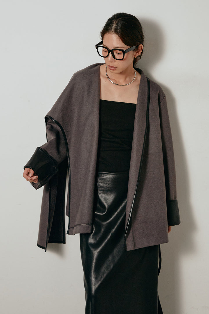 [SET]ネック巻き配色デザインアウター+ウエスト配色タックワイドパンツ(2set)