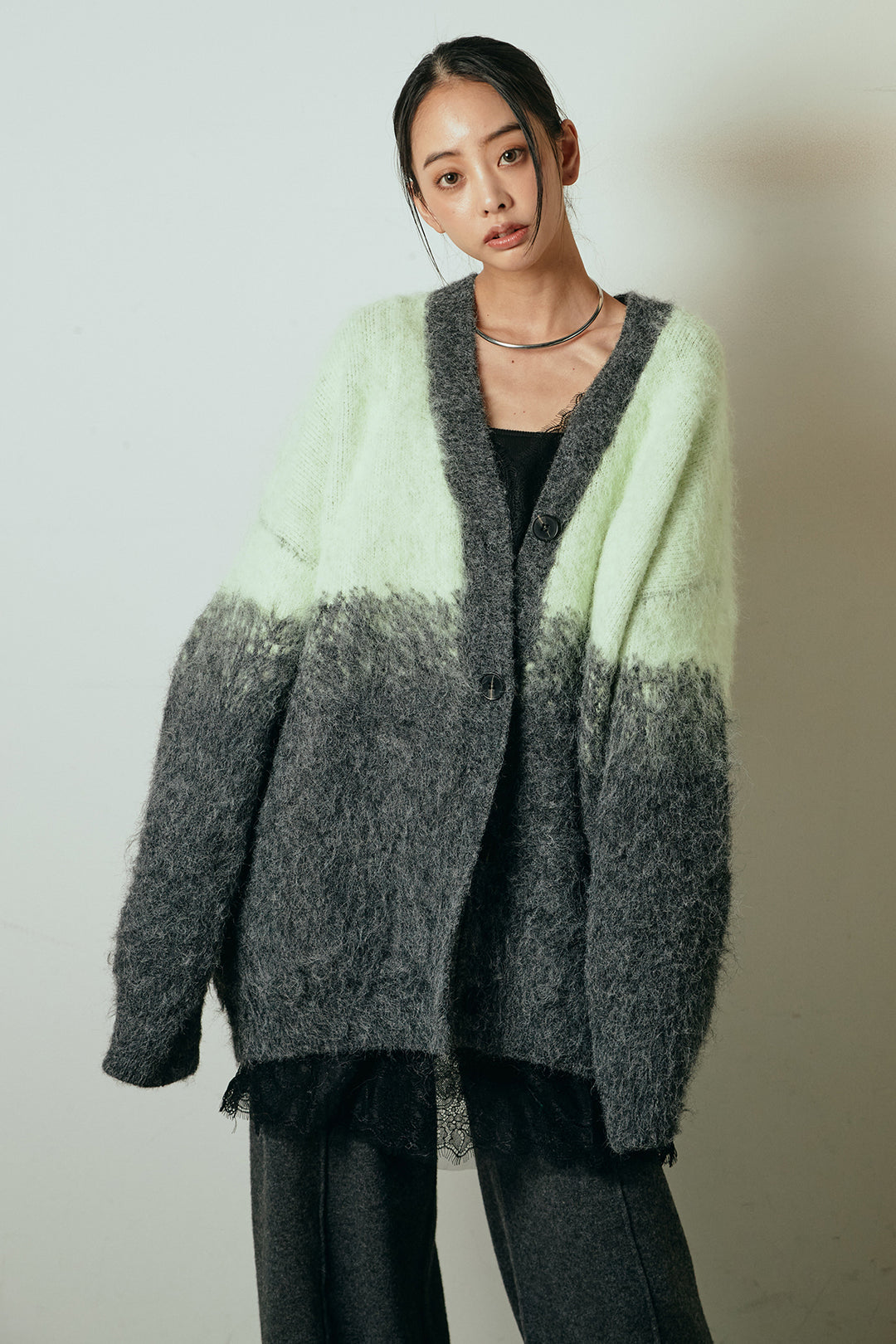 [SET]起毛グラデーションニットカーディガン+レース切り替えキャミソール+センターラインニットパンツ(3set)