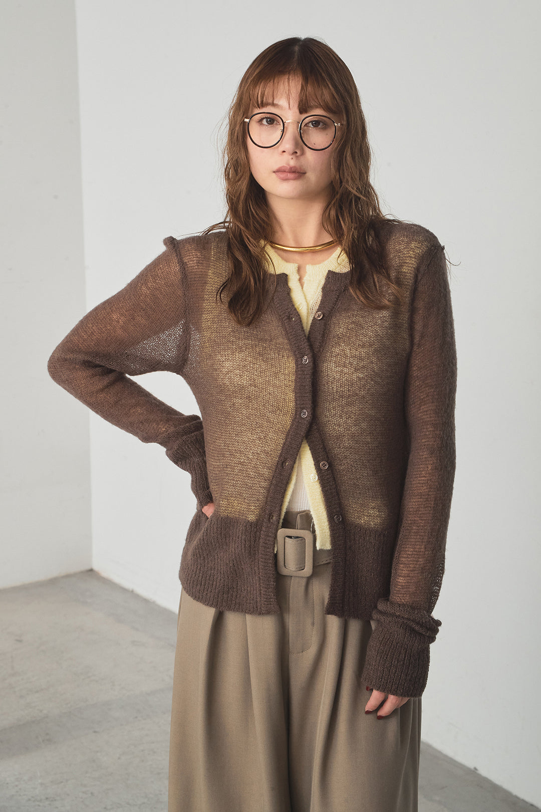 [SET]モヘア透かし編みレイヤードアンサンブルセット+ベルト付きツータックワイドパンツ(2set)