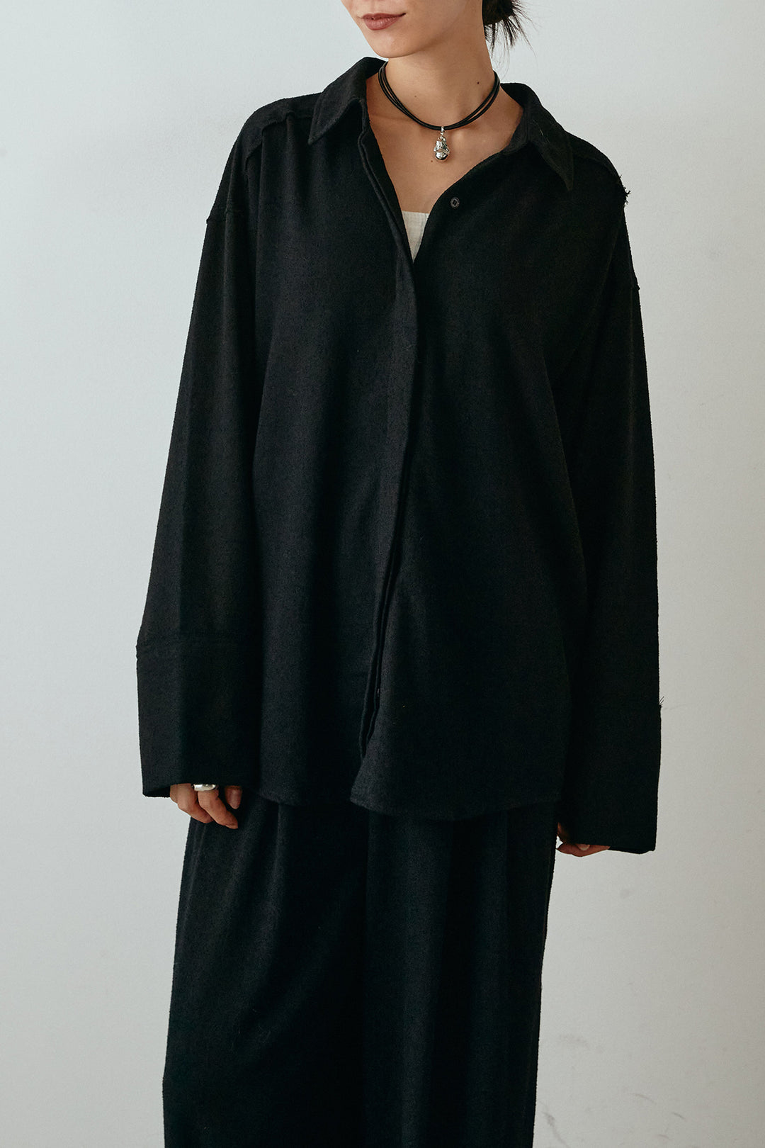 [SET]起毛ループ襟付きシャツ+起毛デザインタックワイドパンツ(2set)