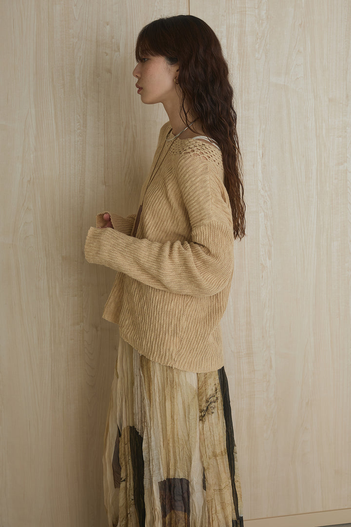 [SET]ネック編みデザインニットトップス+ウエスト折り返しワイドパンツ(2set)